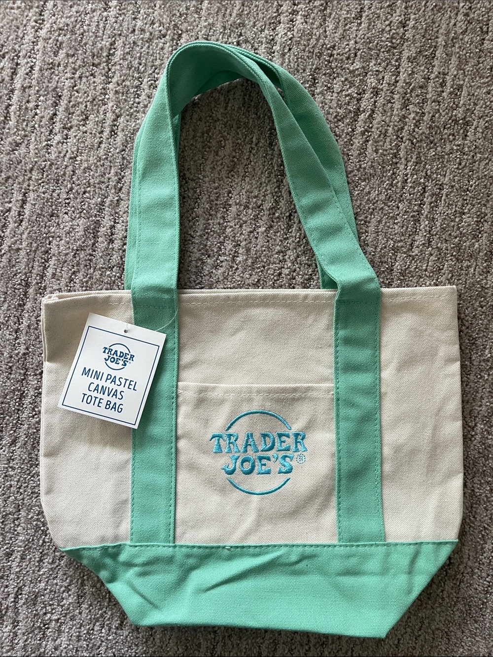TRADER JOE’S Mini Canvas Tote Bag in Mint and Beige (NWT)